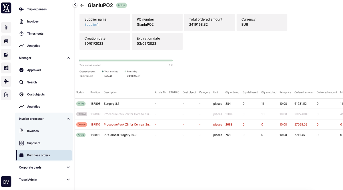 Purchase order GianluPO2: PO detail view with supplier, totals, amount matched progress bar, and items table with status, quantities, and amounts